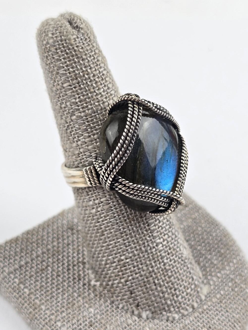 Sterling silver large Labradorite ring size 7 blue flash wire wrap rope texture